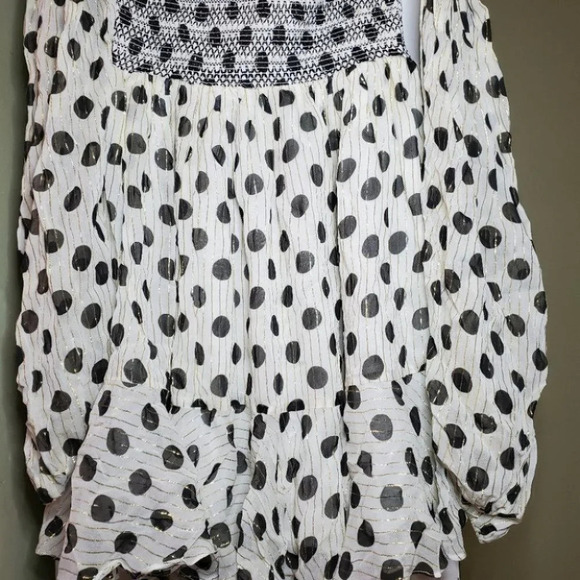 Anthropologie Rocco sand polka dot mini off shoulder smocked dress  black white - Picture 6 of 13